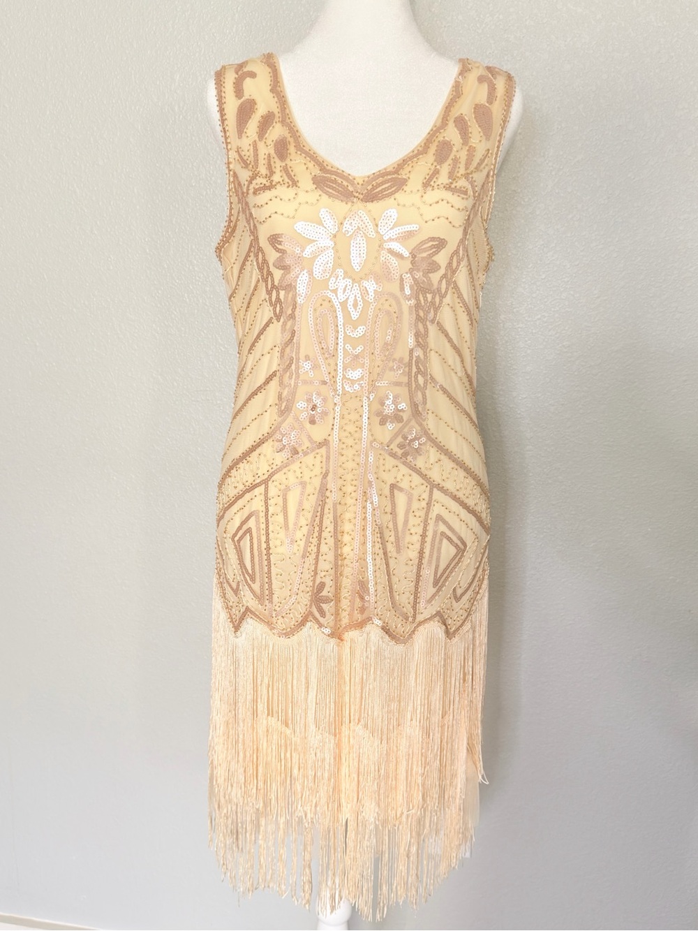 20s Style Vintage Gatsby Flapper Dress Embroidery, Sequins, Double Fringe Size M